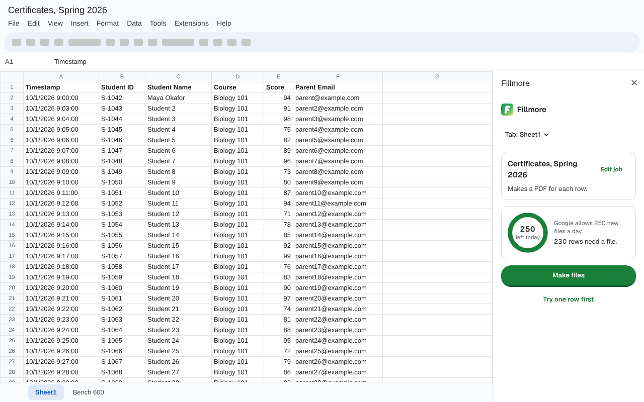 The Fillmore sidebar beside a sheet of student scores. It shows the job and the number of files left today.